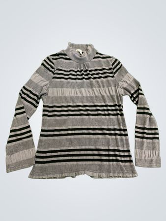 Jacqueline RIU Graues und Schwarzes Gestreiftes Glockenärmel-Mock-Neck-Top