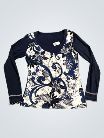 Blauweißes blumiges Longsleeve-Oberteil