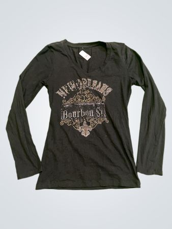 Schwarzes Langarm New Orleans Bourbon St. Strass T-Shirt