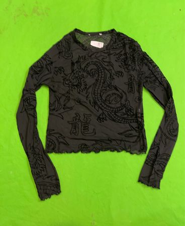 Schwarzes Drachen-Druck-Mesh-Langarmshirt