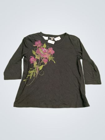 Breckenridge Petite Schwarzes Blütenverzierte 3/4-Ärmel-Shirt