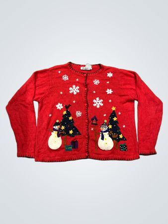 Roter Weihnachtspullover mit Schneemann- und Weihnachtsbaum-Applikation