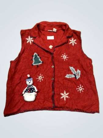 North Crest Damen Rotes Weihnachtsweste mit Schneemann und Baum Applikationen