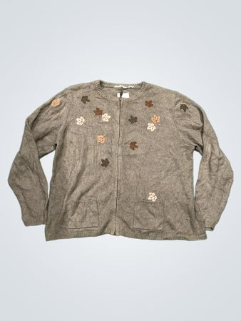 Grauer Reißverschluss-Strickcardigan mit Blattstickerei