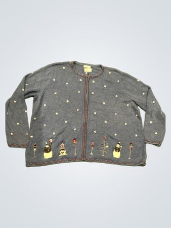 Vintage Vanguard Blue handbestickter Schneemann und Weihnachtsbaum Cardigan