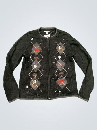 Croft & Barrow Damen schwarzer Argyle-Vogel-Print Reißverschluss-Cardigan