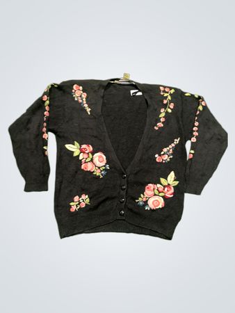 Schwarzer bestickter Blumen-Cardigan