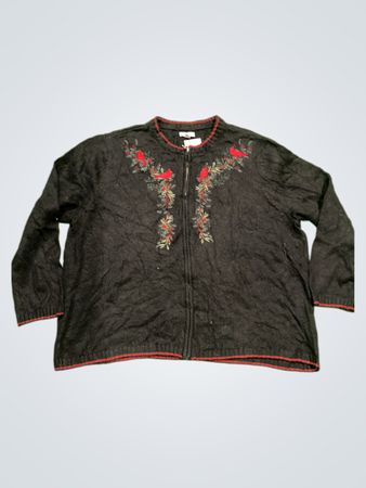 Croft & Barrow Damen Schwarzer Kardinal Bestickter Reißverschluss-Pullover