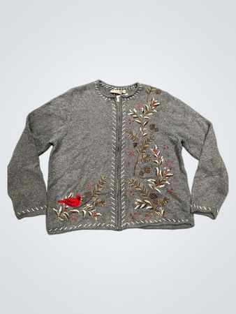 Croft & Barrow Damen Grauer Kardinal- und Tannenzapfen-Stickerei Reißverschluss-Cardigan