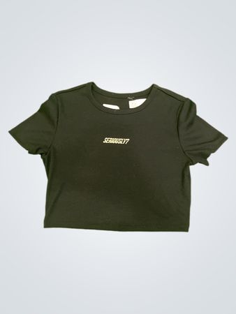 Schwarzes kurzes T-Shirt mit „SERIOUSLY?“ Grafik