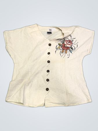 Maprao Damen-Creme-Kurzarmoberteil mit Rosendesign und Knopfleiste