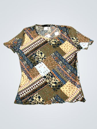 QRS Patchwork-Print T-Shirt mit Salatblatt-Saum