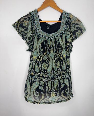 Apt. 9 Schwarze Paisley-Print Quadratische Ausschnitt Flatterärmel Bluse