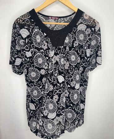 E&D Damen Sheer Floral Print V-Ausschnitt Top
