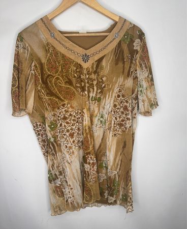 Damen braunes Paisleymuster V-Ausschnitt Top