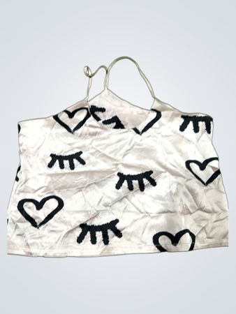 White Halter Top with Black Hearts and Eyelashes Design