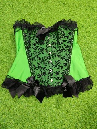 Green Corset with Black Lace and Ribbons