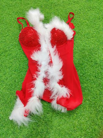 Peacocks Red Bodysuit with White Fur Trim