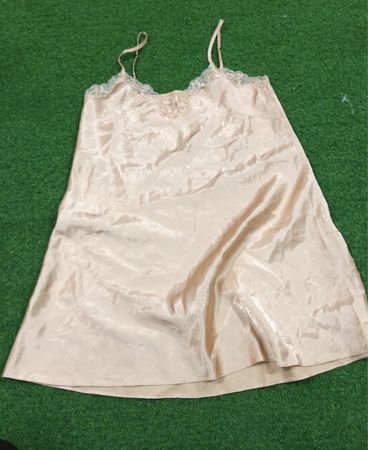 Mackays Women's L Beige Satin Slip Dress with Lace Trim