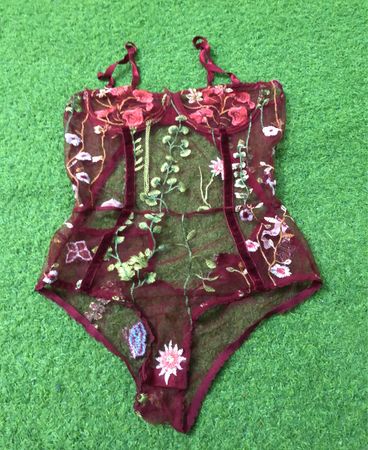Burgundy Embroidered Mesh Bodysuit