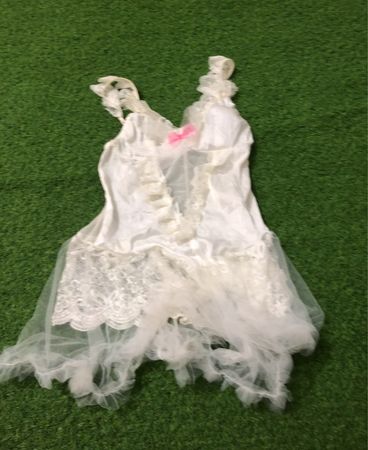 White lace and tulle slip with pink bow