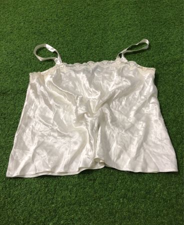 White satin camisole with lace trim