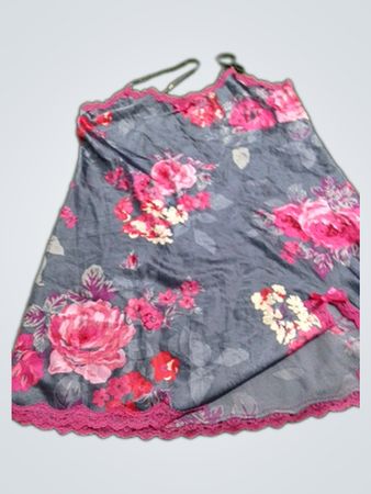 Gray floral slip dress with pink lace trim