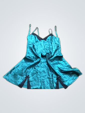 Teal satin slip dress with black lace trim