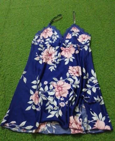 Blue floral print nightgown with lace trim