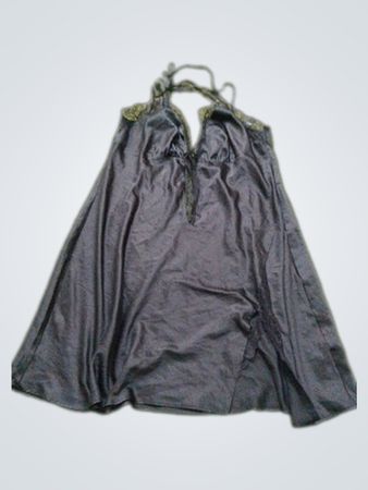 Black satin slip dress with lace trim