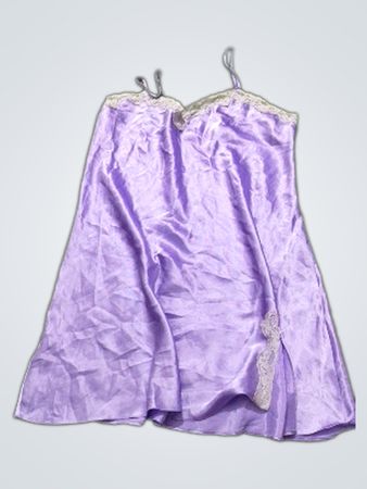 Purple satin slip dress with lace trim