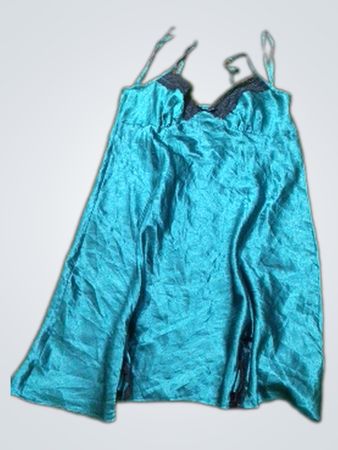 Teal satin slip dress with black lace trim
