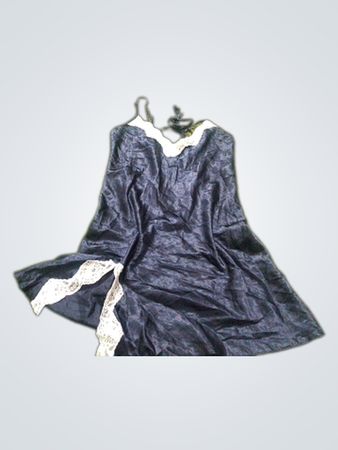 Black satin chemise with white lace trim