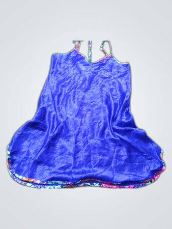 Blue satin nightgown with floral trim