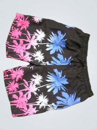 Black Shorts with Pink, White, and Blue Palm Tree Design