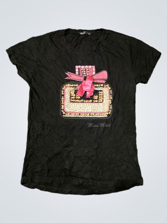 Black Graphic T-Shirt with Pink Bow Design