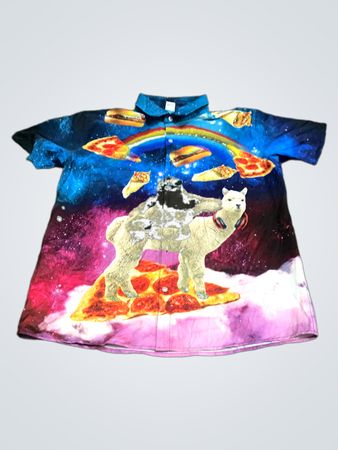 Colorful Graphic Shirt with Pizza, Gorilla, and Llama Design