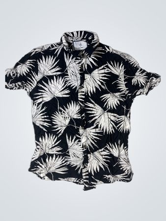 HK Happy with us Schwarz und Weiß Blattmuster Button-Up Hemd