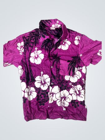 Lila Hawaiian Shirt mit weißen Hibiskus und Palmen