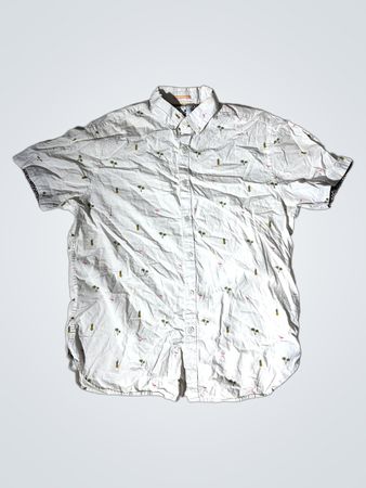DENIM & FLOWER RICKY SINGH Weiße Kurzarm-Hemd mit Knopfleiste und Ananas- und Flamingo-Druck