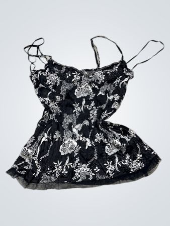 Black floral print camisole with lace trim