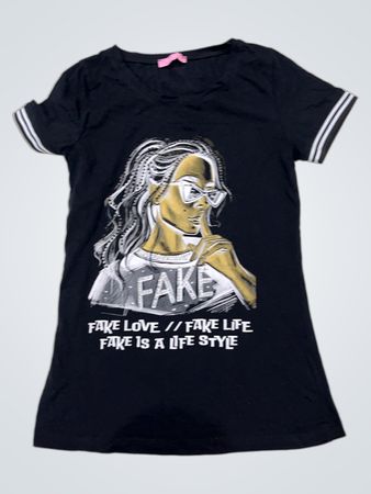 Black T-Shirt with FAKE graphic and FAKE LOVE // FAKE LIFE FAKE IS A LIFE STYLE text