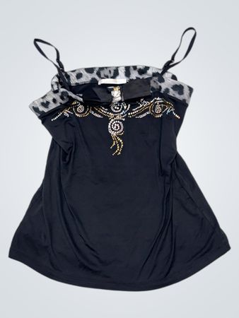 ASCA Black Tank Top with Leopard Print Trim and Embellished Neckline