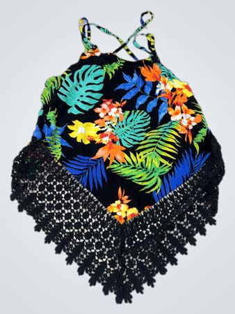 Black Tropical Print Lace Hem Cami Top
