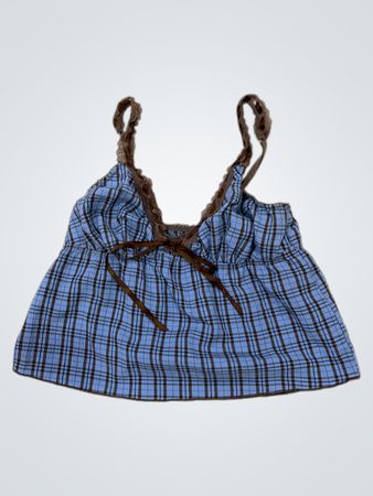 Blue Plaid Camisole with Brown Trim
