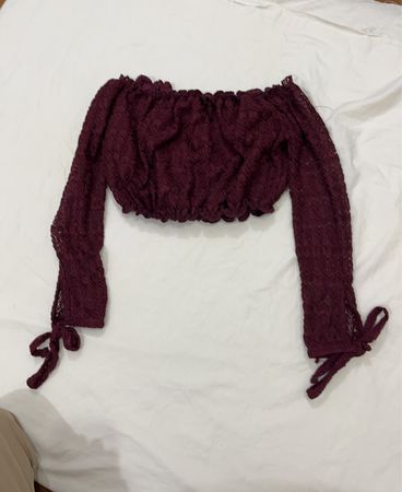 New Look Burgundy Lace Off-Shoulder Crop Top