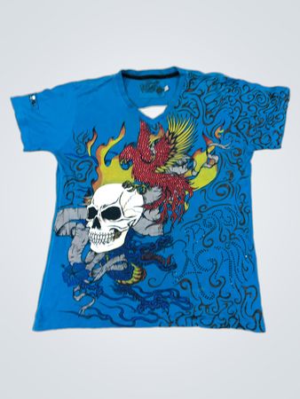Blaues T-Shirt mit Totenkopf- und Phönixgrafik