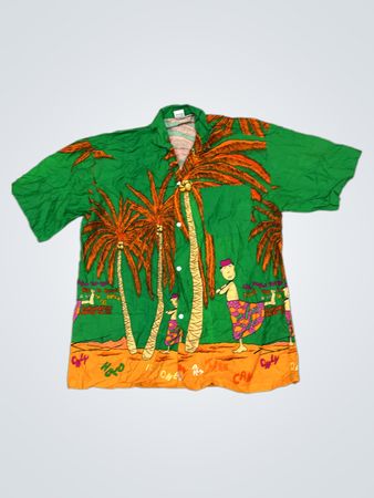 Grünes Hawaiian-Shirt mit Palmen und Figuren