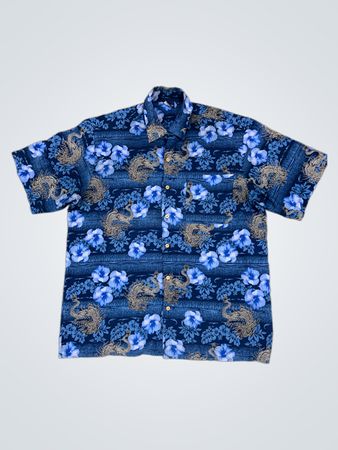 SIDE OUT Herren Dragon & Flower Print Kurzarm Hemd mit Knopfleiste