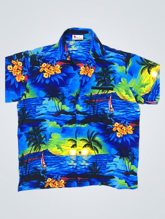 Aloha Luau Hawaiihemd mit tropischem Sonnenuntergang und Segelboot-Druck
